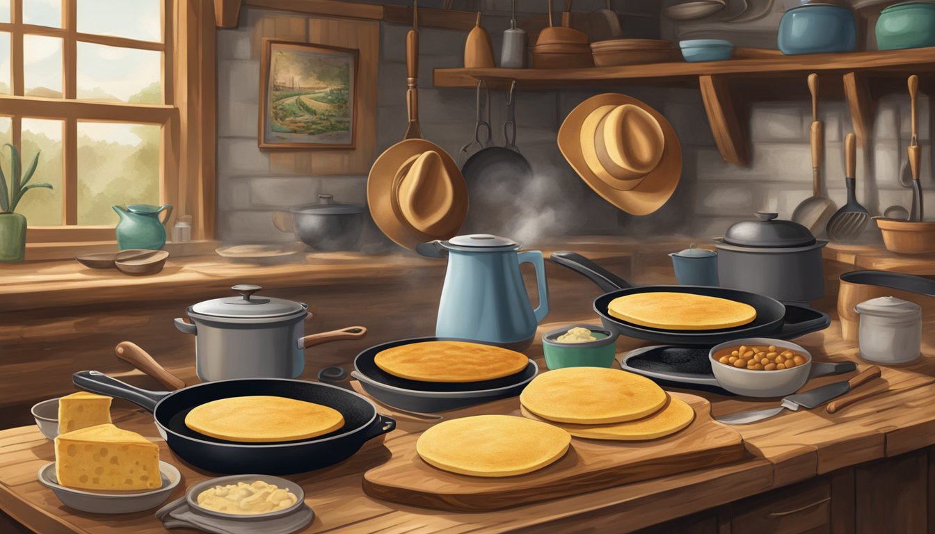 A rustic Texan kitchen with a skillet sizzling with chickpea pancake, surrounded by cowboy hats and historical memorabilia