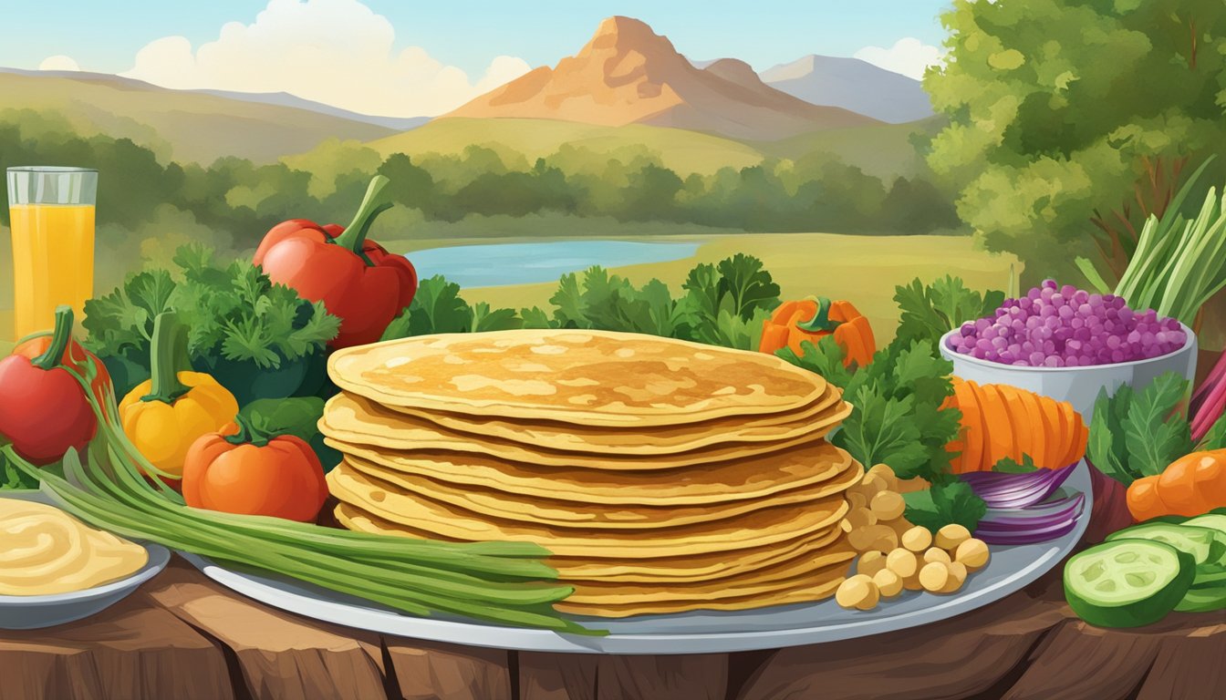 A Texas landscape with a plate of chickpea pancakes surrounded by colorful vegetables and herbs