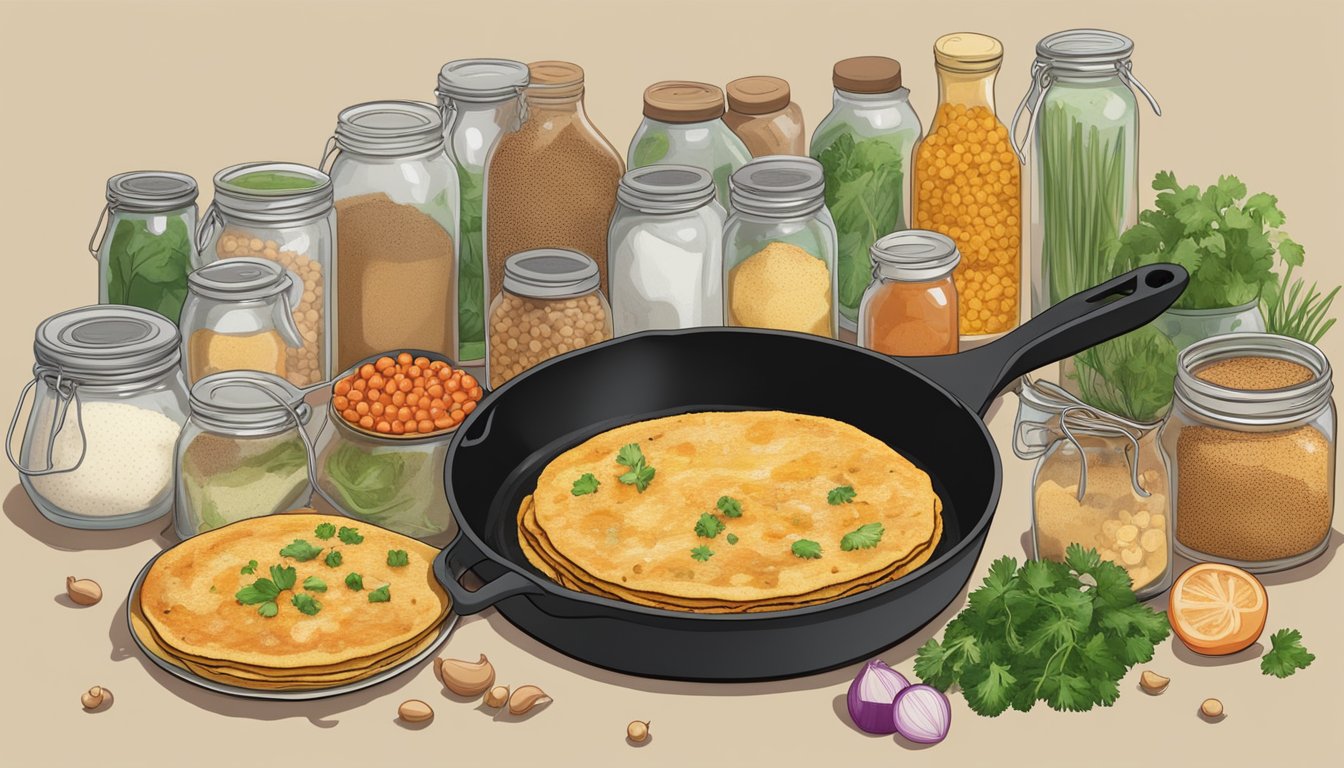 A cast iron skillet sizzling with golden chickpea pancake topped with diced tomatoes, onions, and cilantro, surrounded by jars of spices and cans of chickpeas