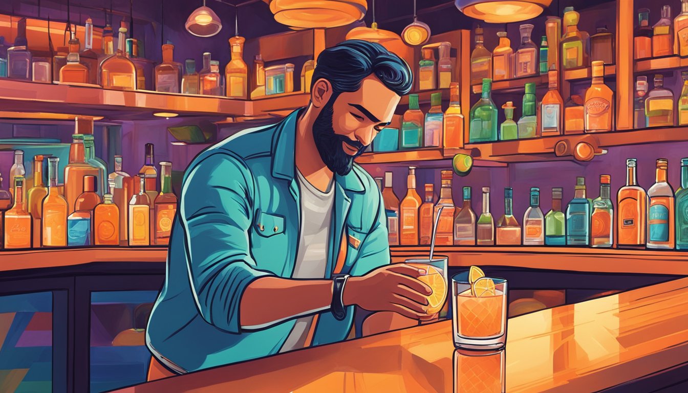 A vibrant bar scene with a bartender crafting a Texas favorite grapefruit paloma cocktail. Bright colors and lively energy fill the space