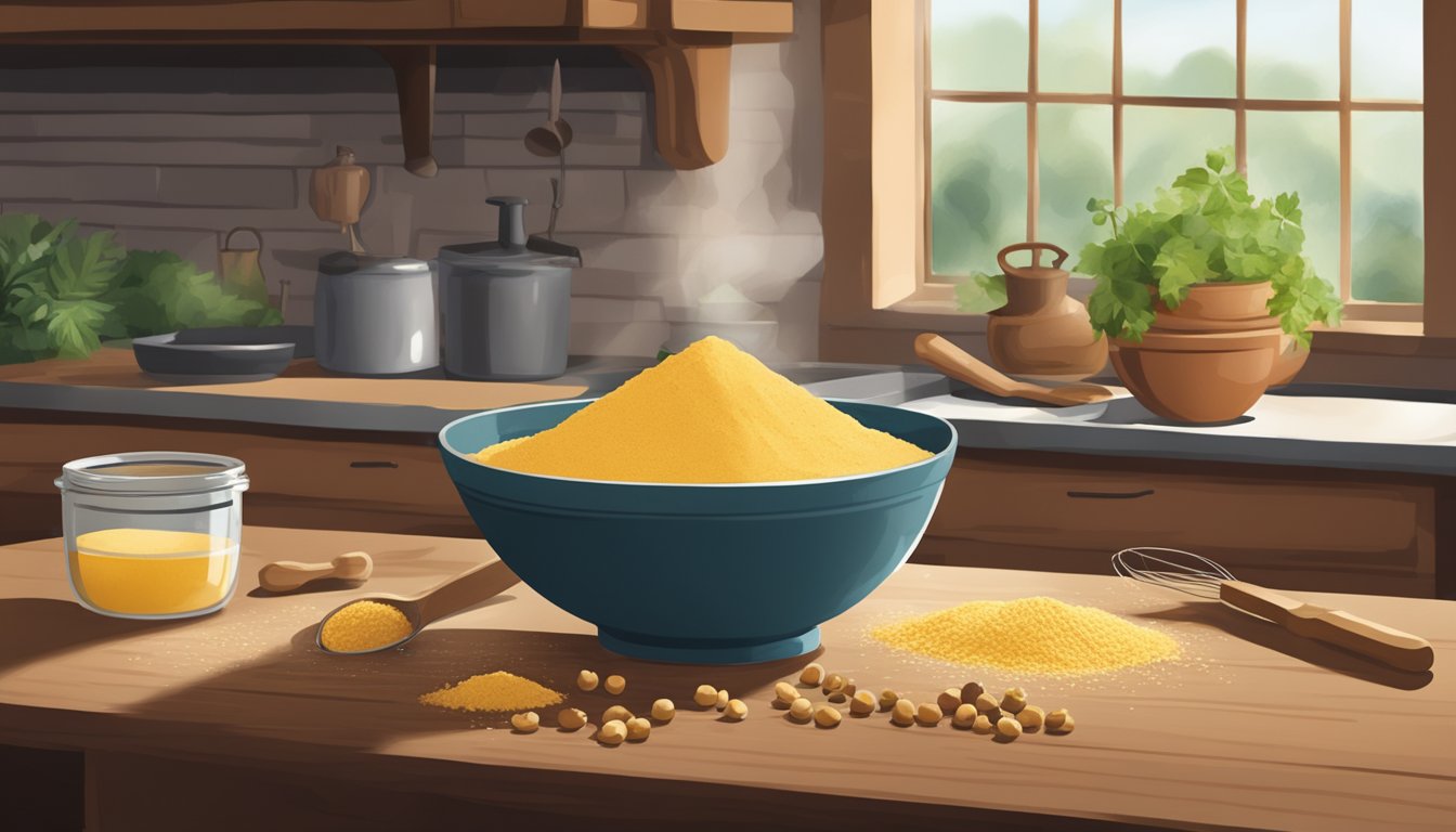 A bowl of chickpea flour, spices, and water being mixed with a whisk in a rustic kitchen setting