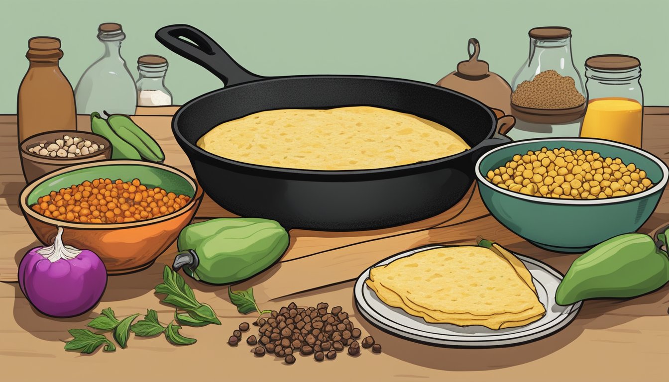 A cast iron skillet sizzling with chickpea pancake batter, surrounded by jars of spices and a bowl of diced peppers and onions