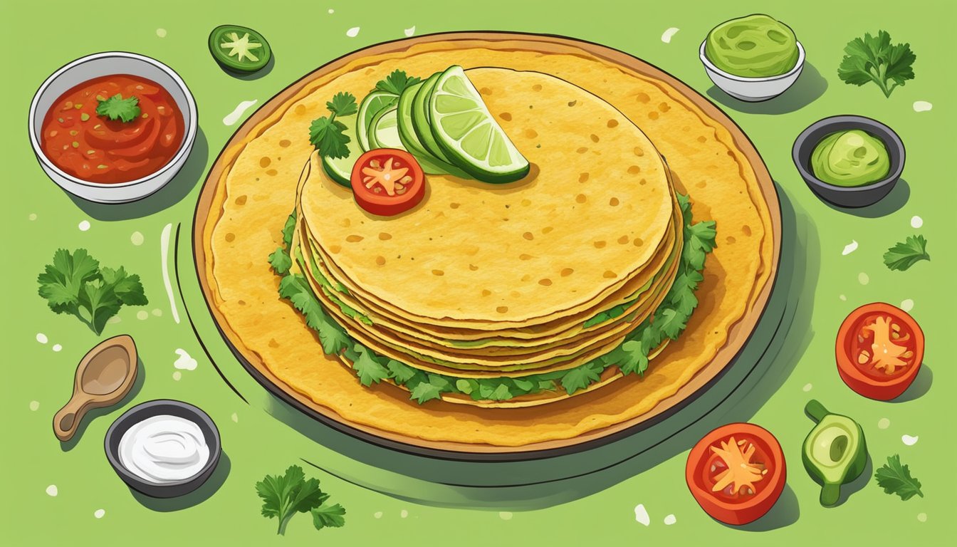 A Texas-style chickpea savory pancake topped with salsa, guacamole, and shredded cheese, surrounded by colorful ingredients like jalapenos, cilantro, and lime slices