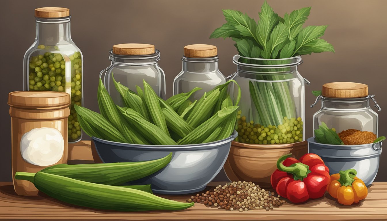 A rustic kitchen counter with jars of okra, vinegar, spices, and salt, surrounded by fresh herbs and peppers