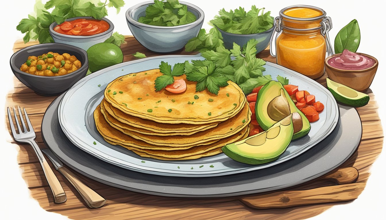 A rustic wooden table with a plate of savory chickpea pancakes, topped with salsa and avocado, surrounded by colorful Texan spices and herbs