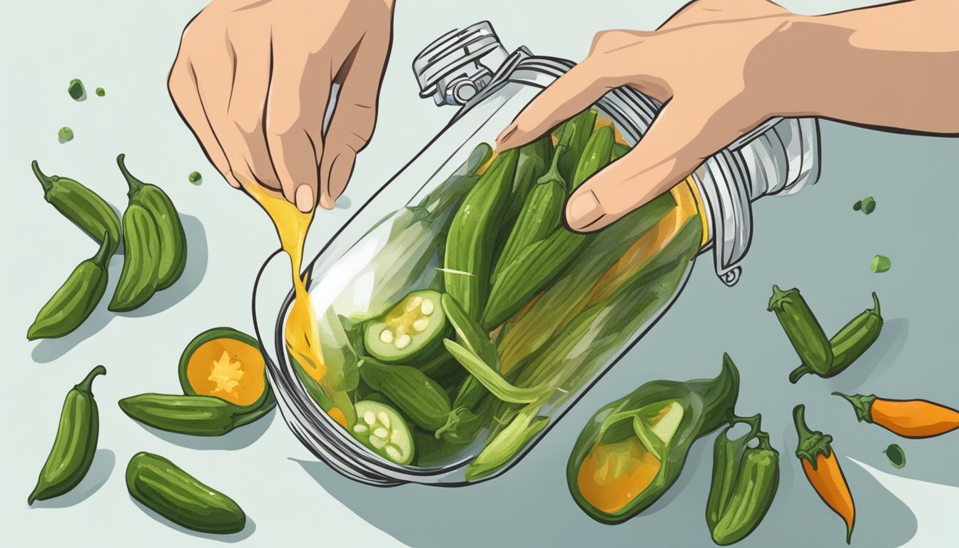 A hand pours vinegar over layers of okra, jalapenos, and spices in a glass jar