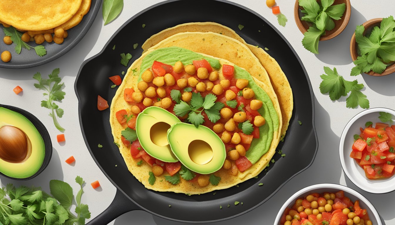 A sizzling skillet with a golden chickpea pancake topped with fresh salsa and avocado, surrounded by Texan spices and herbs