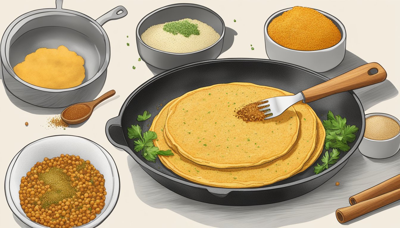 A Texas-style chickpea savory pancake being seasoned with spice blends and seasonings