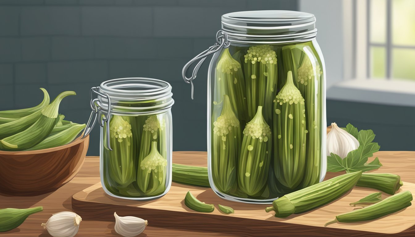 A mason jar filled with sliced okra, garlic, and spices submerged in a tangy, vinegary pickling liquid on a wooden cutting board