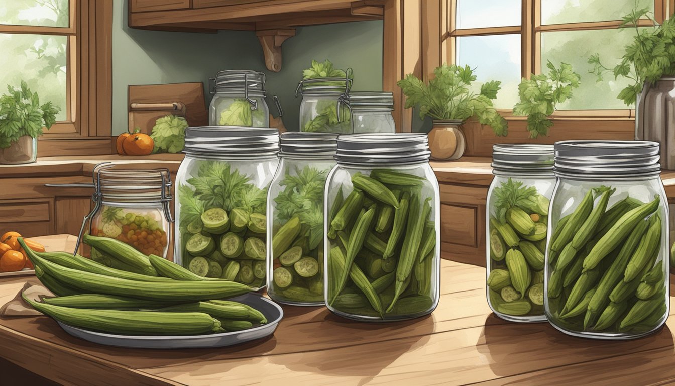 A rustic kitchen counter with mason jars filled with pickled okra, surrounded by fresh herbs and spices