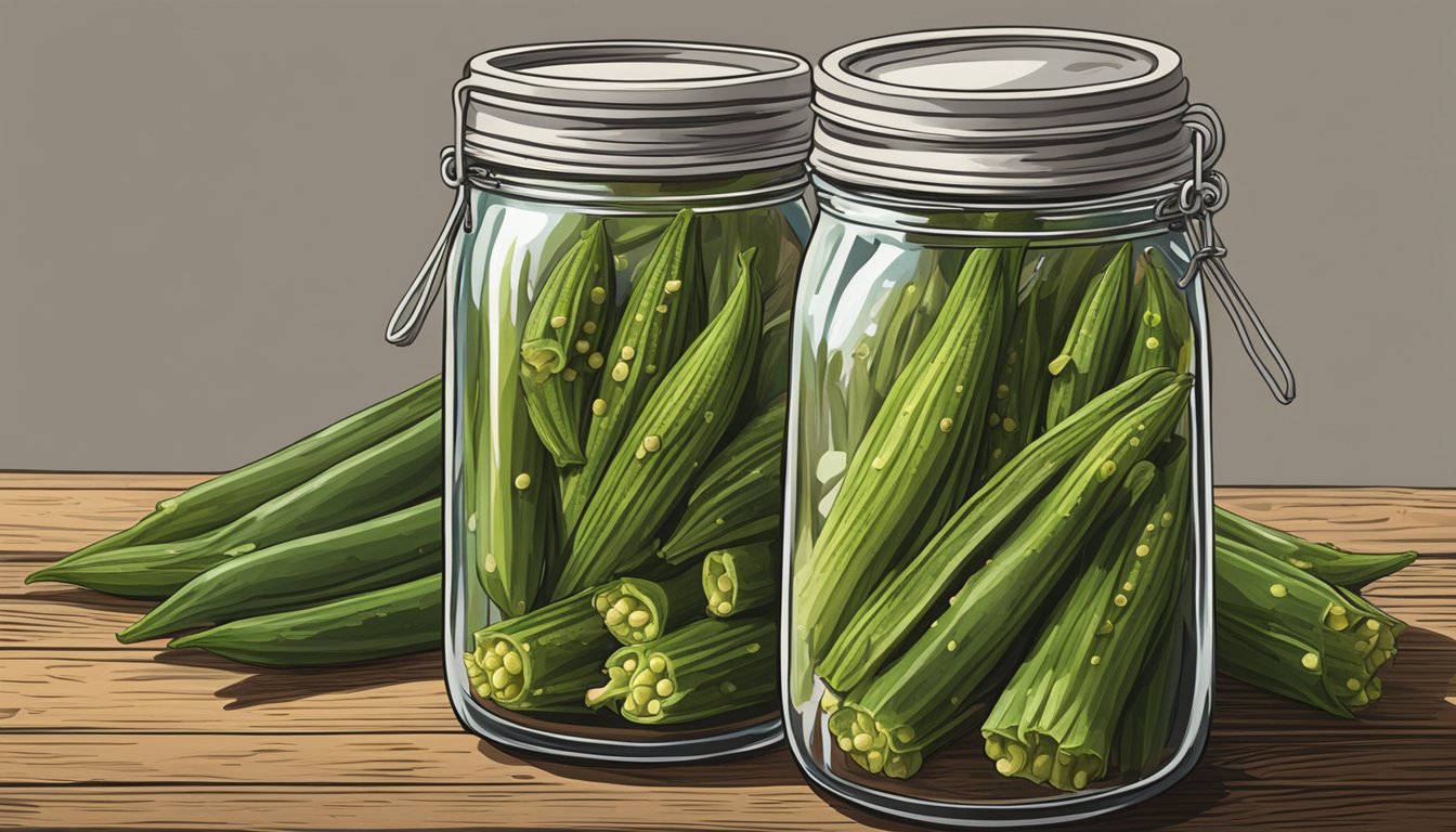 A mason jar filled with vibrant green pickled okra sits on a rustic wooden table, surrounded by scattered spices and fresh okra pods