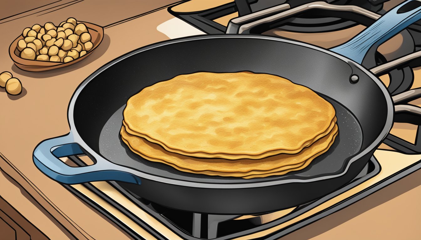 A cast iron skillet with a Texas style chickpea pancake being reheated on a stovetop