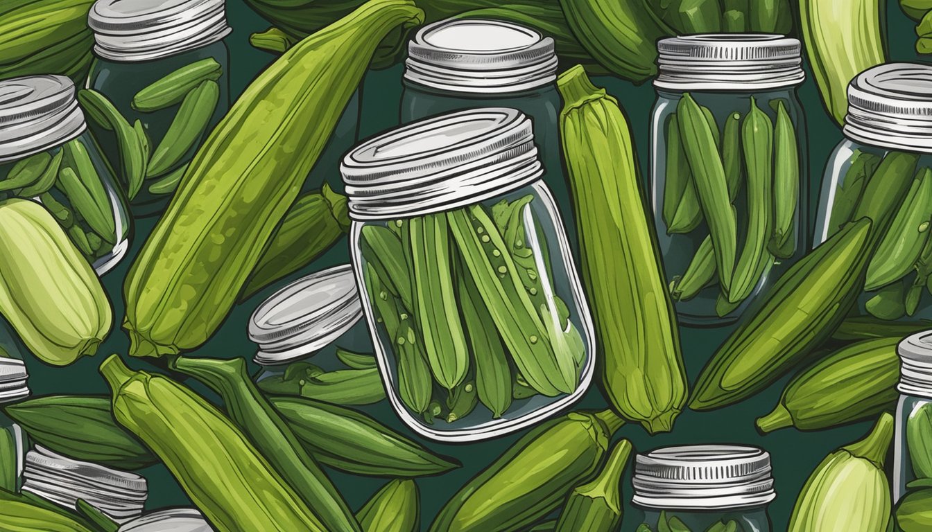 A mason jar filled with vibrant green okra, surrounded by sliced jalapenos, garlic, and spices, ready to be pickled in a Texas-style recipe