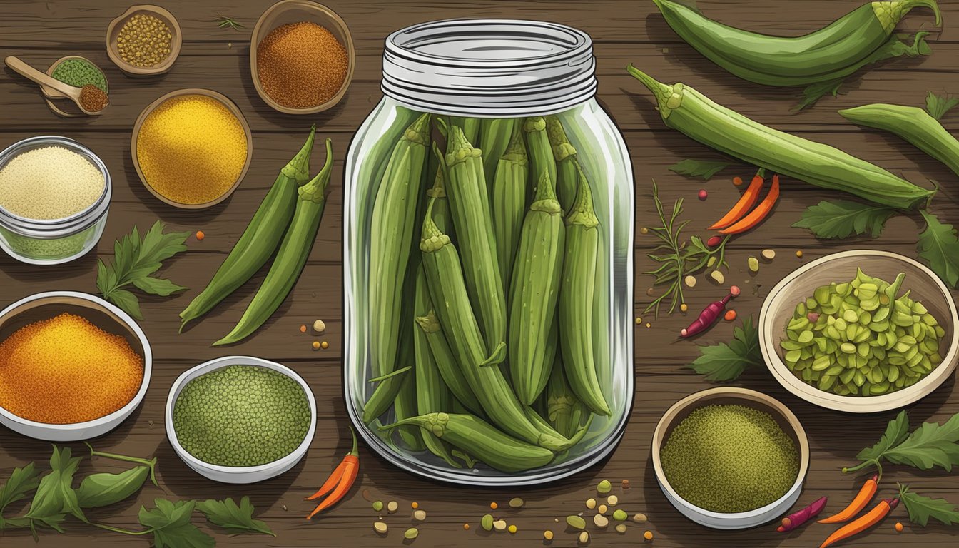 A mason jar filled with vibrant green pickled okra surrounded by colorful spices and herbs on a rustic wooden table