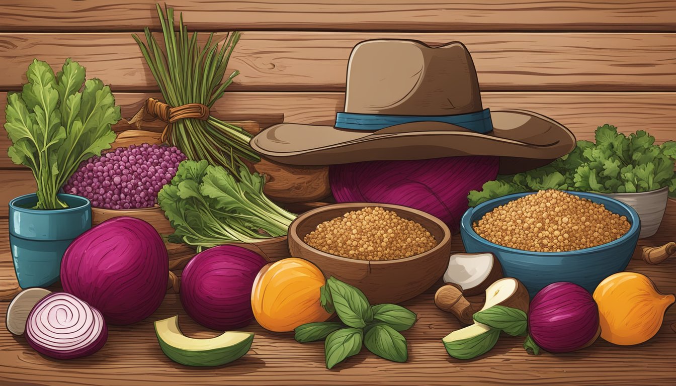 A rustic wooden table set with a colorful texas style beet quinoa bowl, surrounded by fresh ingredients and a cowboy hat