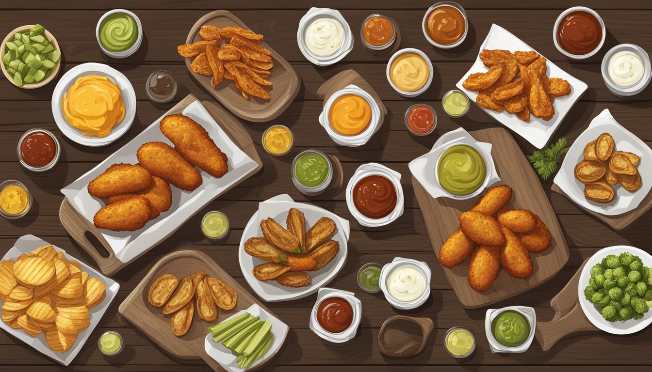 A rustic wooden table set with a variety of mouthwatering appetizers, including loaded potato skins, buffalo wings, and fried pickles, with dipping sauces and garnishes