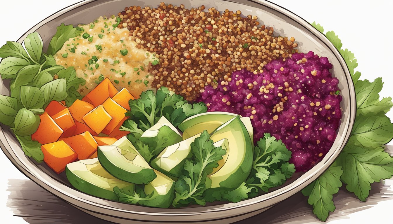 A colorful bowl filled with Texas-style beet quinoa, topped with a variety of fresh vegetables and drizzled with a flavorful dressing