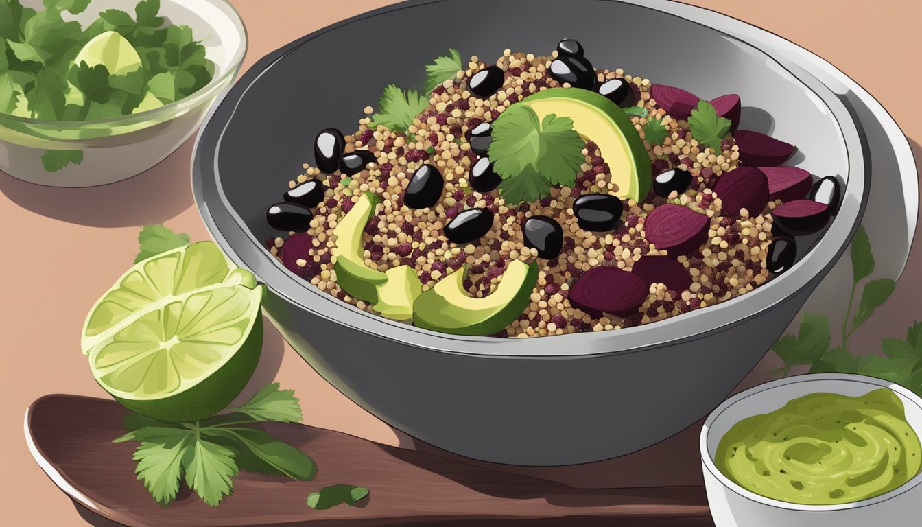 A colorful bowl filled with cooked quinoa, roasted beets, black beans, avocado slices, and fresh cilantro, topped with a drizzle of tangy lime vinaigrette