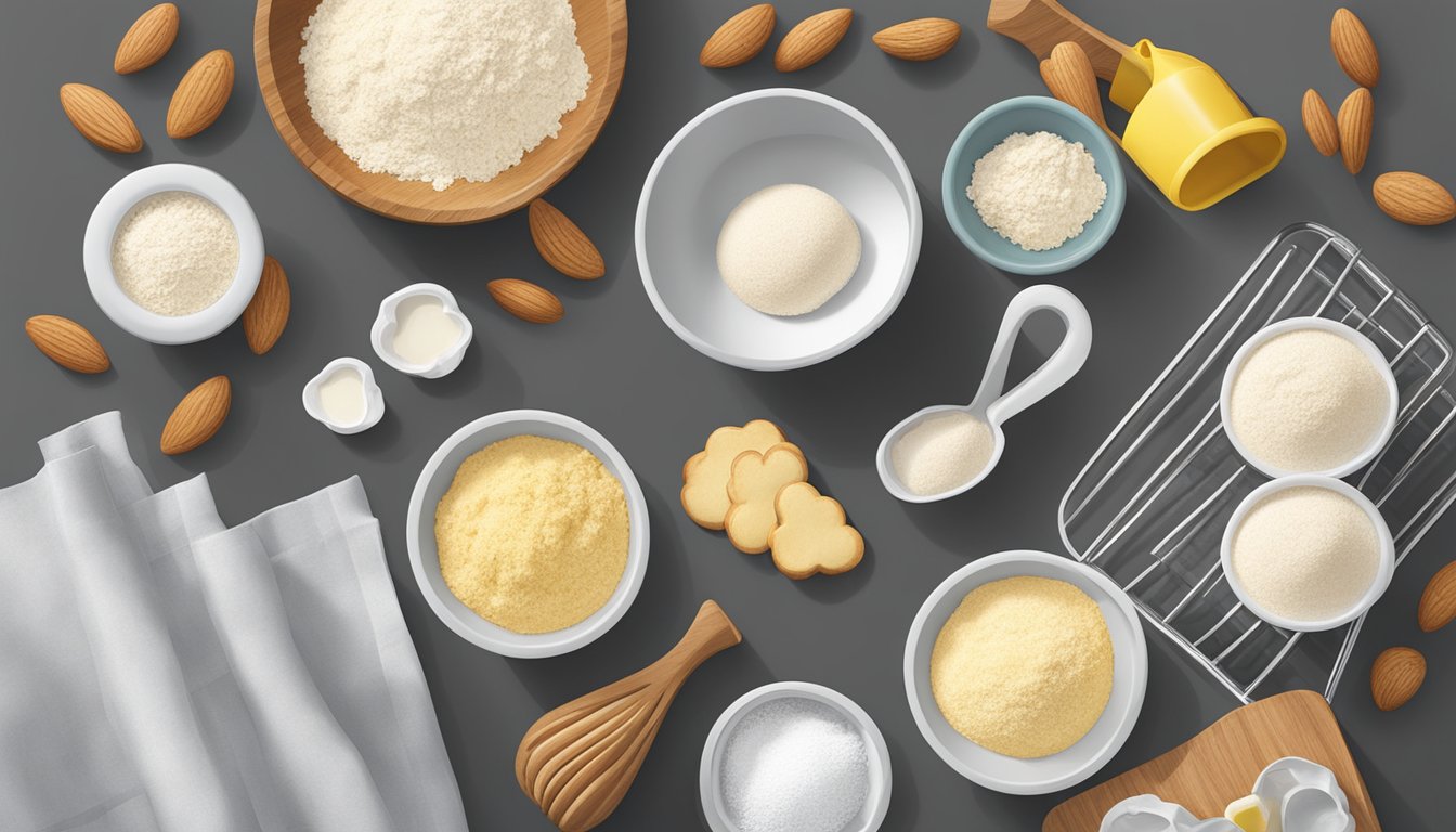 A kitchen counter with bowls of almond flour, powdered sugar, and egg whites, alongside piping bags and a Texas-shaped cookie cutter