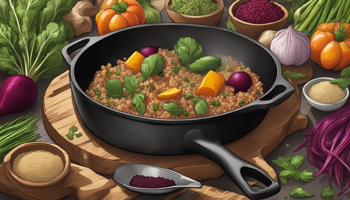 A rustic kitchen with a cast iron skillet sizzling with seasoned beets, quinoa, and Texan spices, surrounded by fresh vegetables and herbs