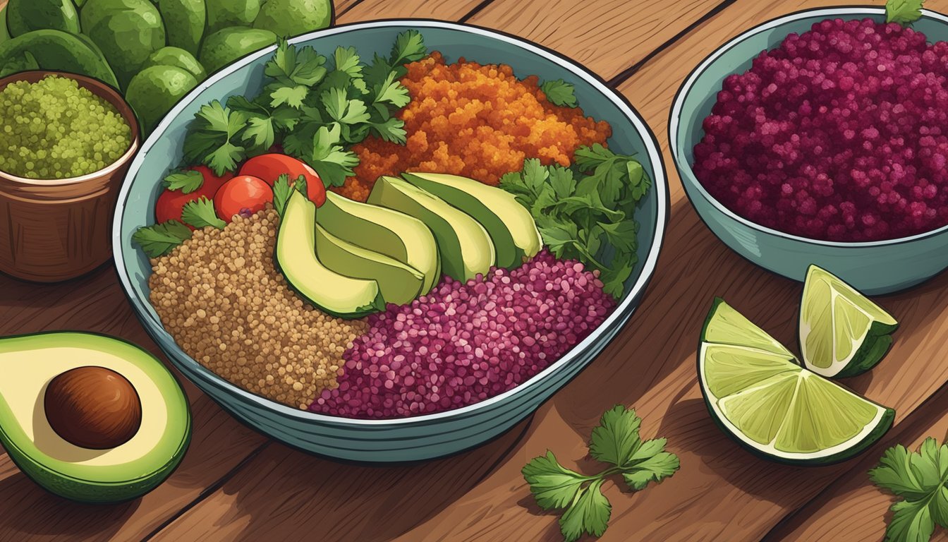 A rustic wooden table with a colorful Texas-style beet quinoa bowl surrounded by fresh ingredients like avocado, cilantro, and lime