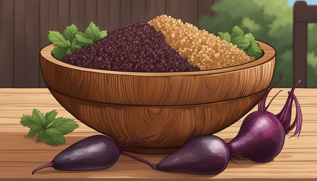 A wooden bowl filled with cooked quinoa, roasted beets, and assorted seasonings, set against a rustic Texas backdrop