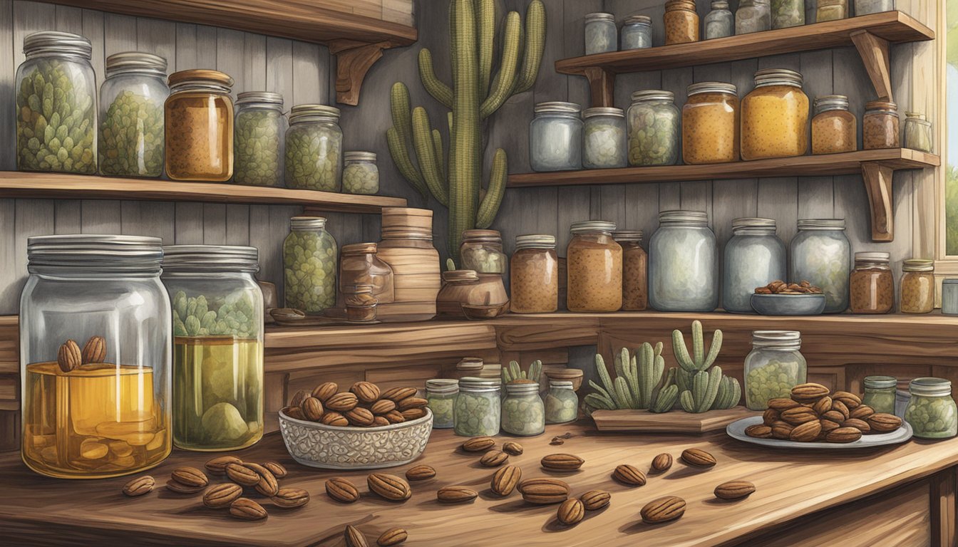 A rustic kitchen with cowboy boots, cacti, and a cowboy hat, surrounded by jars of pecans, jars of honey, and bottles of bourbon