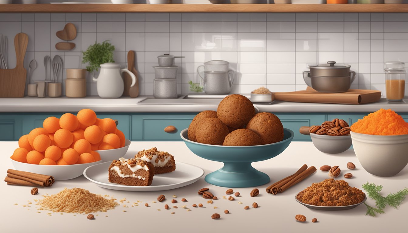 A rustic kitchen counter displays a tray of raw carrot cake balls, surrounded by ingredients like shredded carrots, pecans, and cinnamon