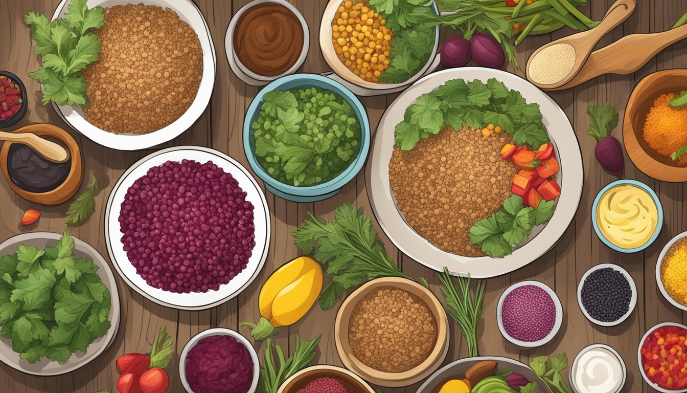 A rustic wooden table set with a Texas-style beet quinoa bowl, surrounded by colorful ingredients and condiments