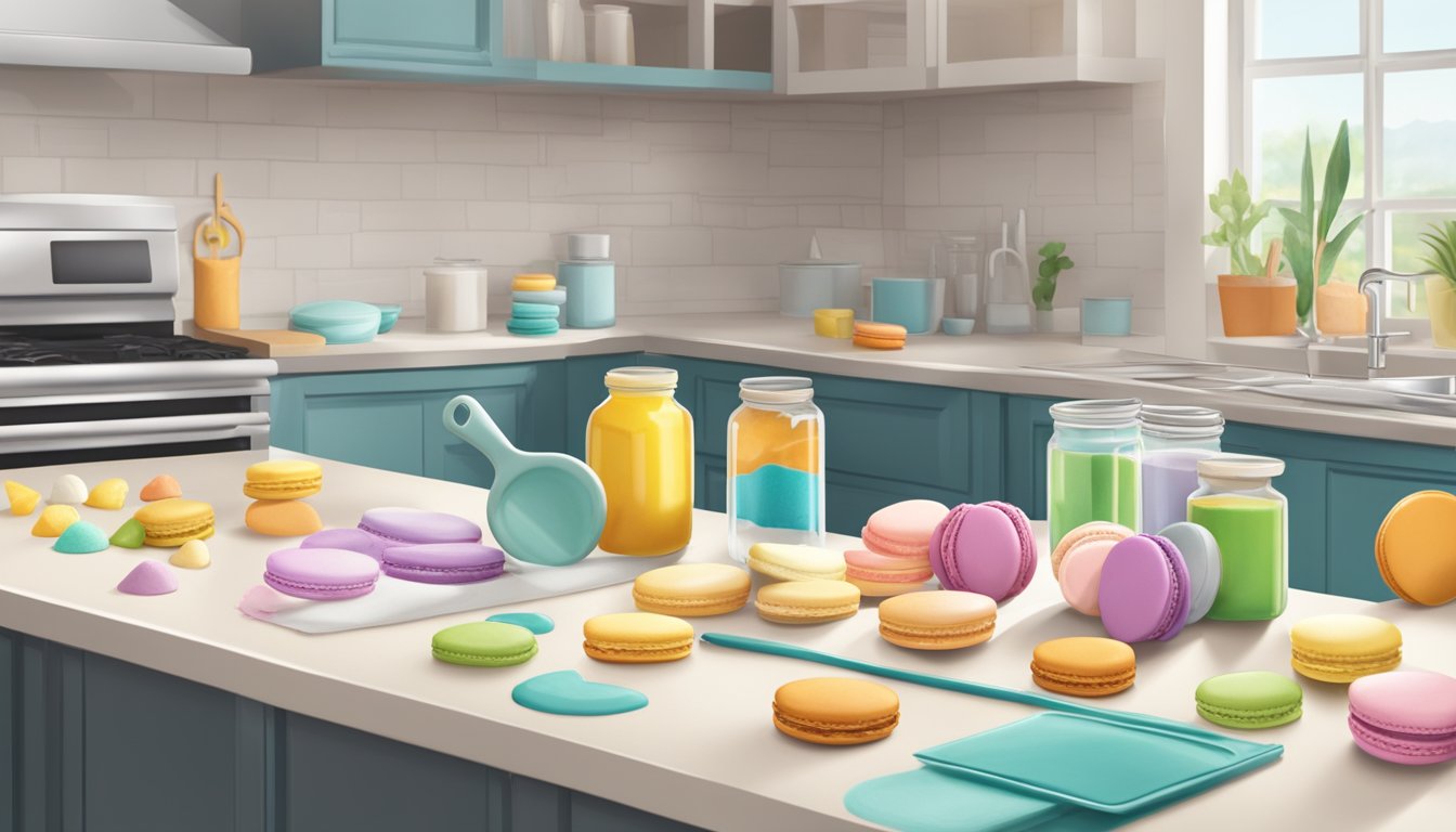 A kitchen counter with ingredients and tools for making macarons, including a Texas-shaped cookie cutter and a piping bag filled with colorful batter