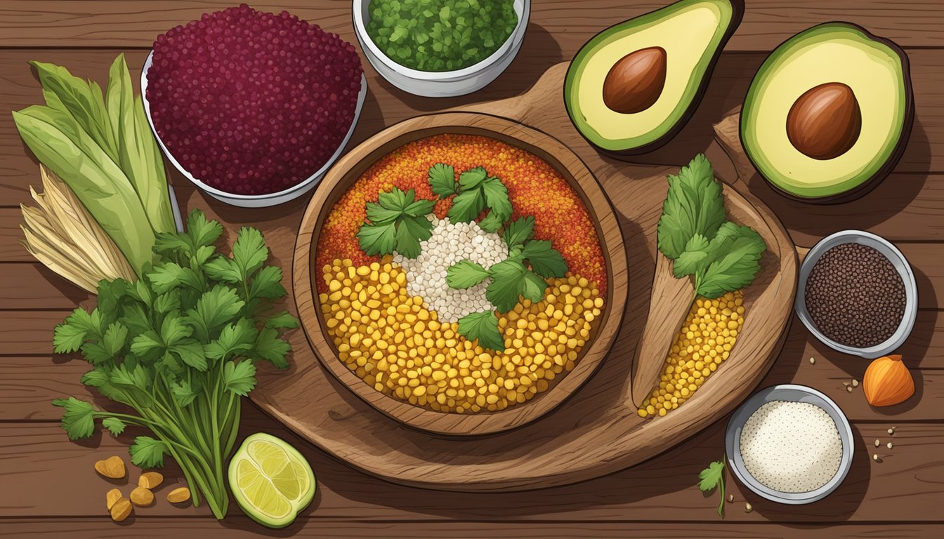 A rustic wooden table with a colorful bowl filled with quinoa, beets, and Texas-style seasonings, surrounded by fresh ingredients like avocado, corn, and cilantro