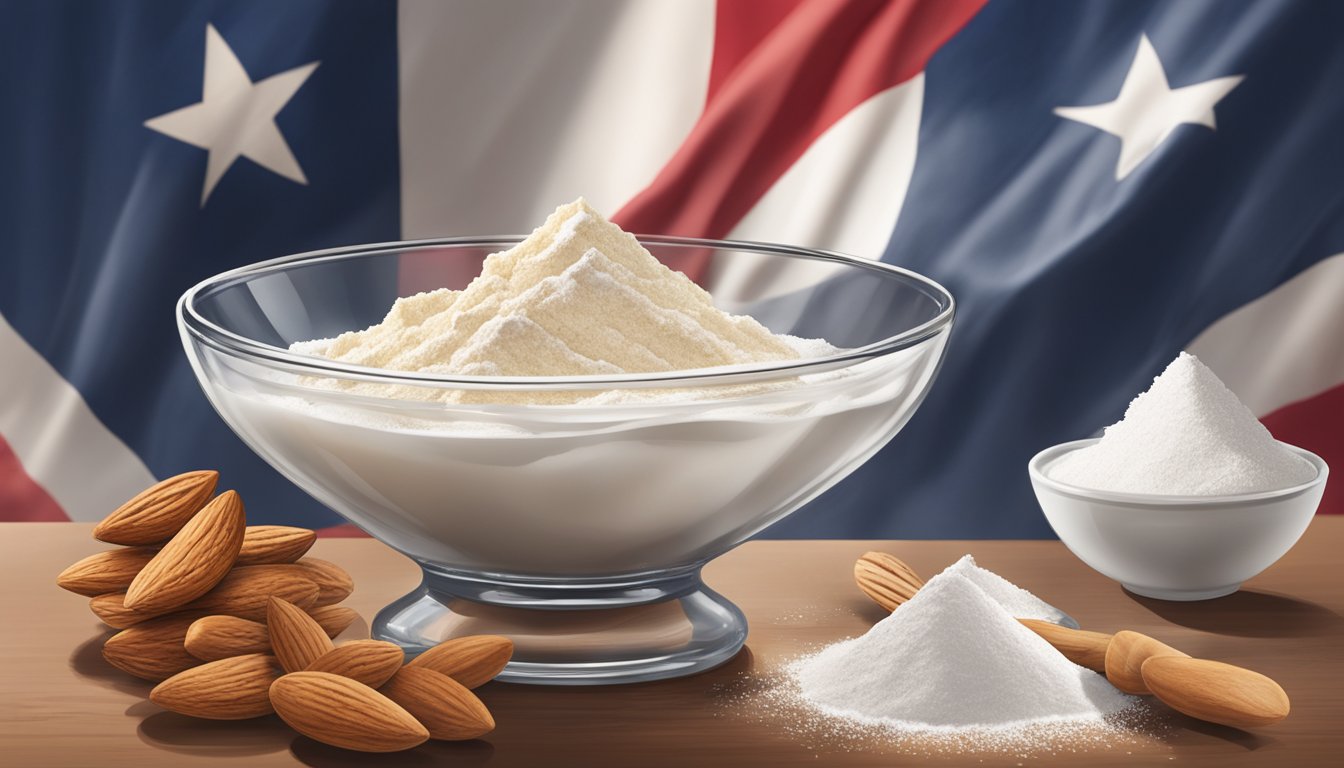 Egg whites being whisked in a glass bowl, surrounded by ingredients like almond flour and powdered sugar, with a Texas flag in the background