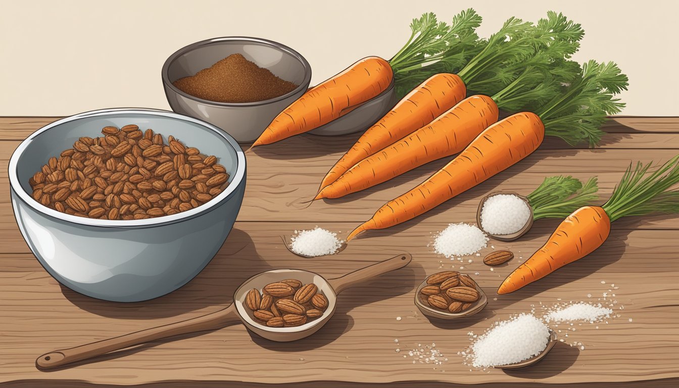 A rustic wooden table with scattered ingredients: carrots, pecans, coconut, and spices. A mixing bowl and measuring cups sit nearby