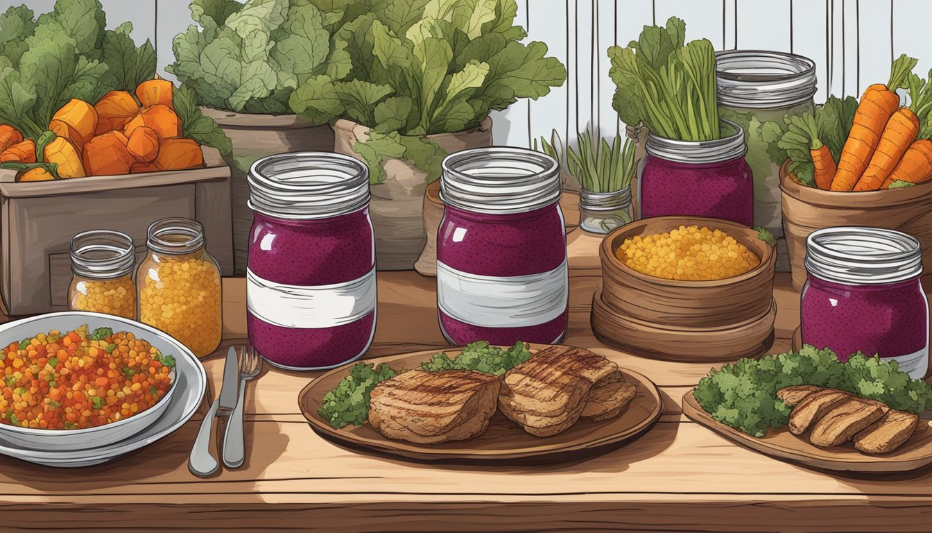 A rustic wooden table with mason jars filled with colorful layers of beet quinoa, roasted vegetables, and grilled chicken, surrounded by Texas-inspired decor