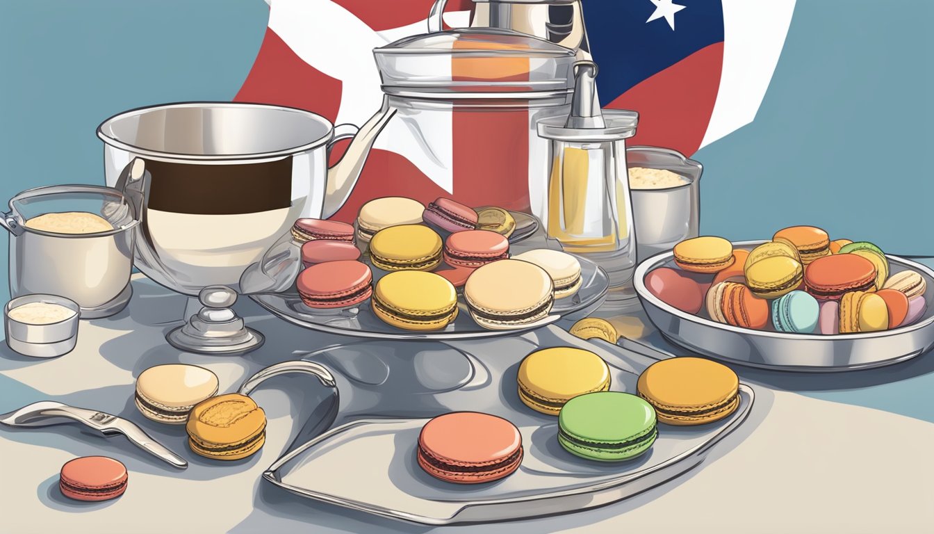 A table set with ingredients and tools for making macarons, with a Texas flag as a backdrop, and a finished batch of macarons displayed on a platter