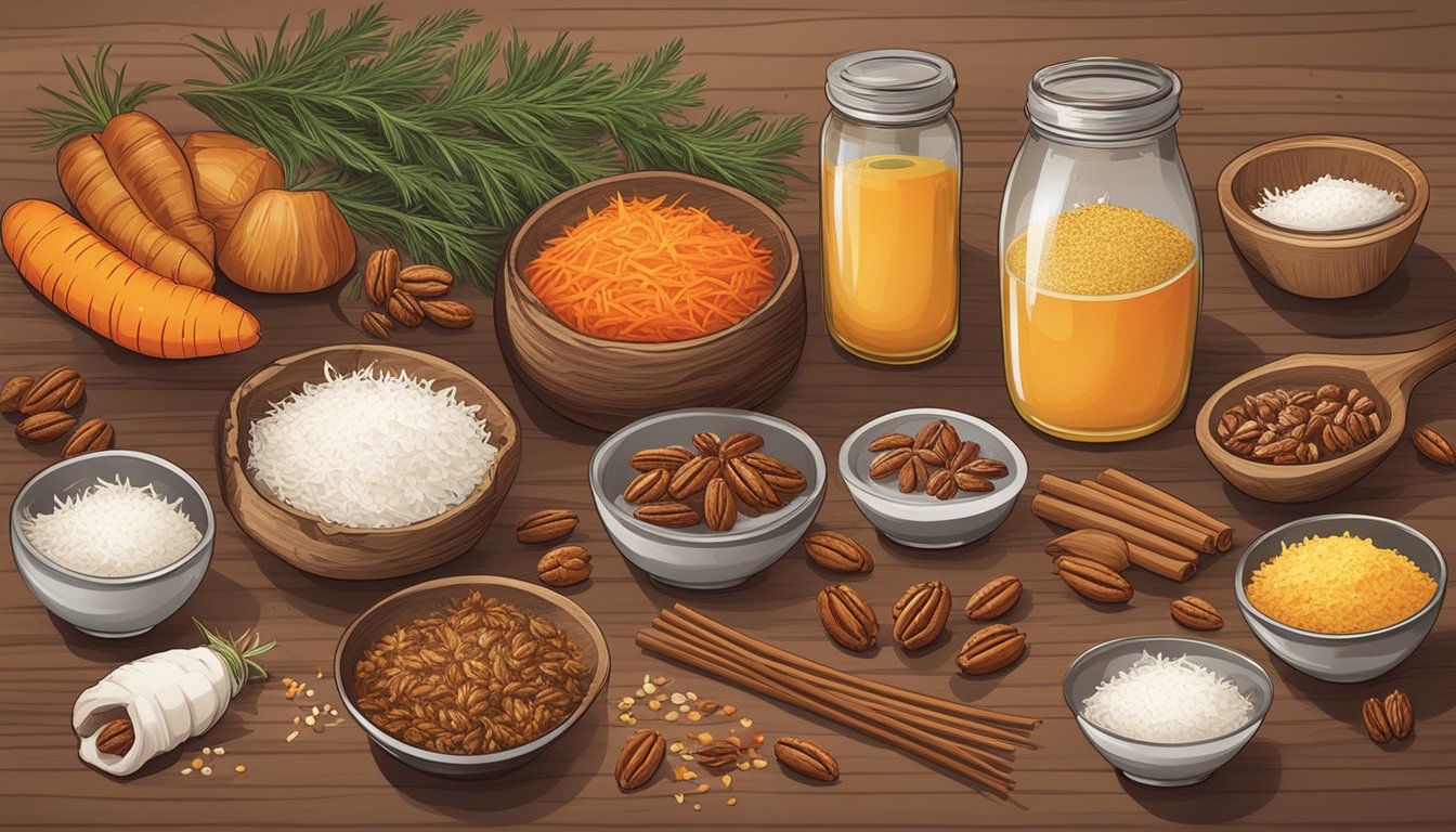 A rustic wooden table with scattered ingredients like shredded carrots, pecans, and coconut, along with bowls of spices and a jar of honey