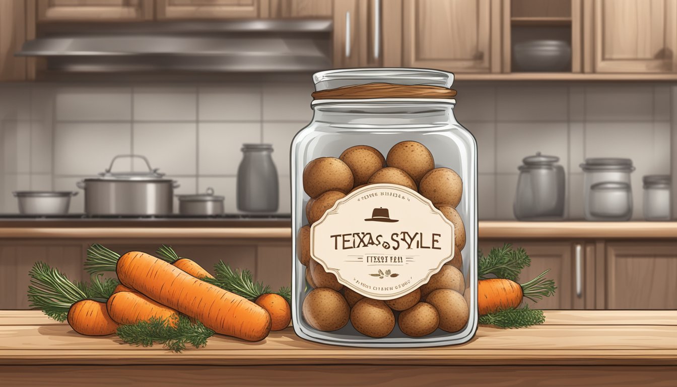 A rustic wooden kitchen counter with a glass jar filled with raw carrot cake balls and a handwritten label "Texas Style."