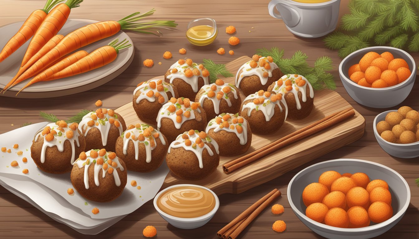 A rustic wooden table displays a platter of raw carrot cake balls, surrounded by fresh carrots, cinnamon sticks, and a drizzle of honey