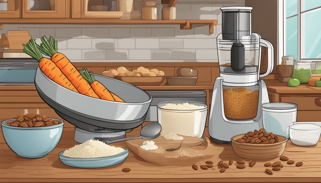 A rustic kitchen with a wooden table covered in ingredients like carrots, pecans, and spices. A mixing bowl and food processor sit nearby, ready to create the Texas-style carrot cake balls