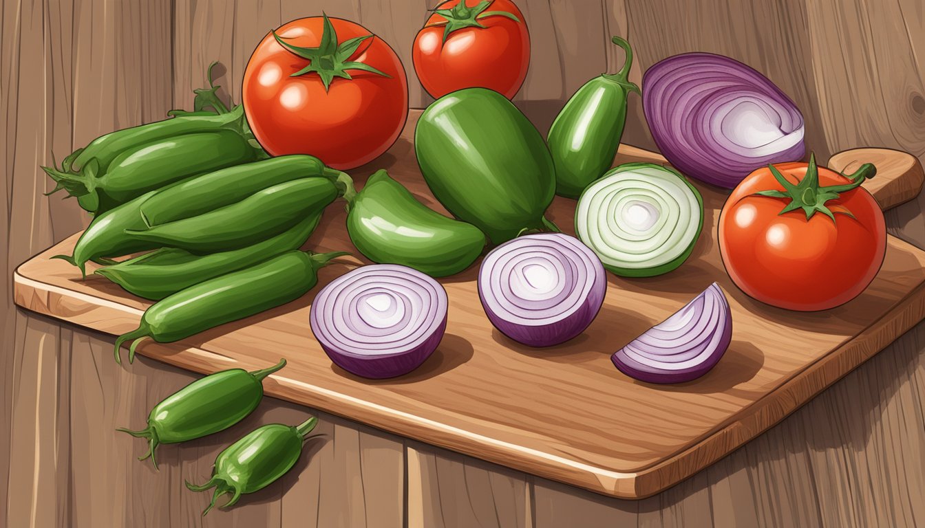 A wooden cutting board holds fresh tomatoes, onions, jalapeños, and cilantro, ready to be chopped for Texas-style pico de gallo