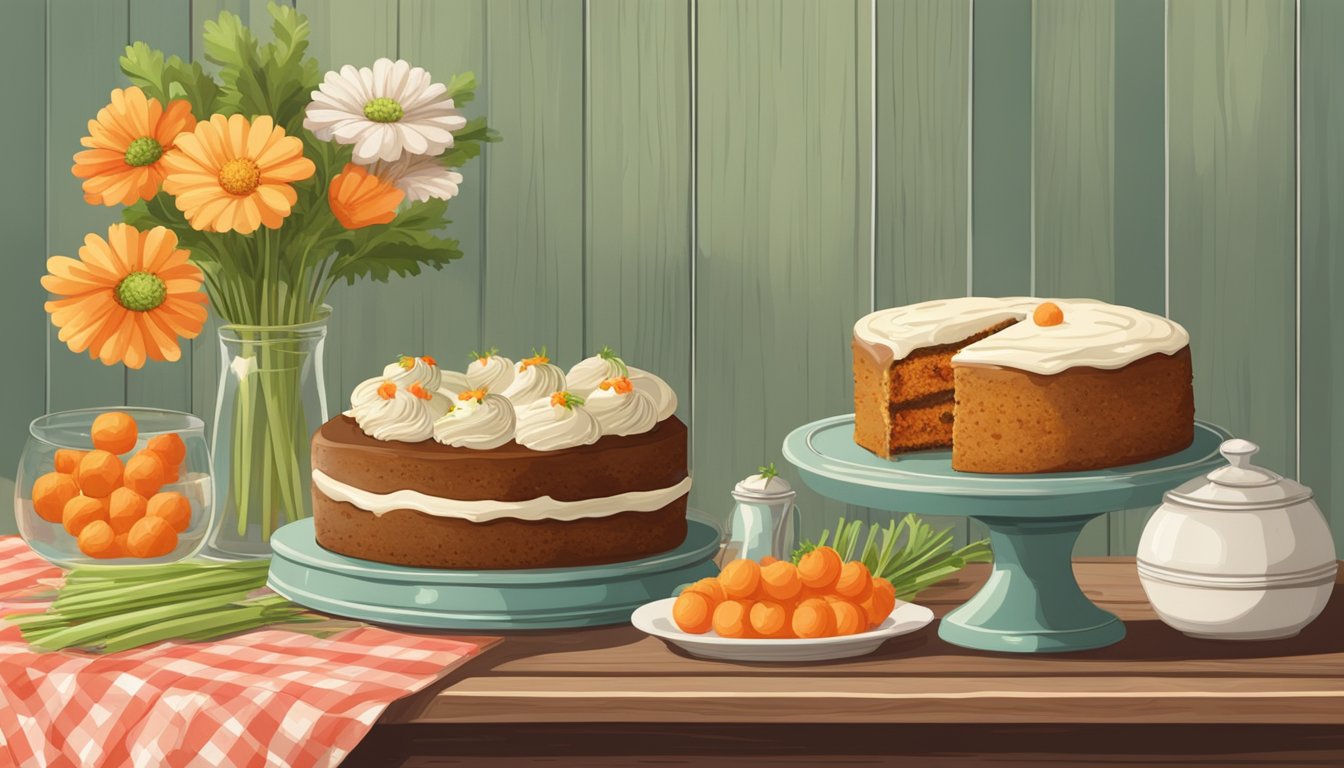 A rustic wooden table adorned with colorful gingham tablecloth, showcasing a platter of raw carrot cake balls, surrounded by fresh carrots and a vintage cake stand