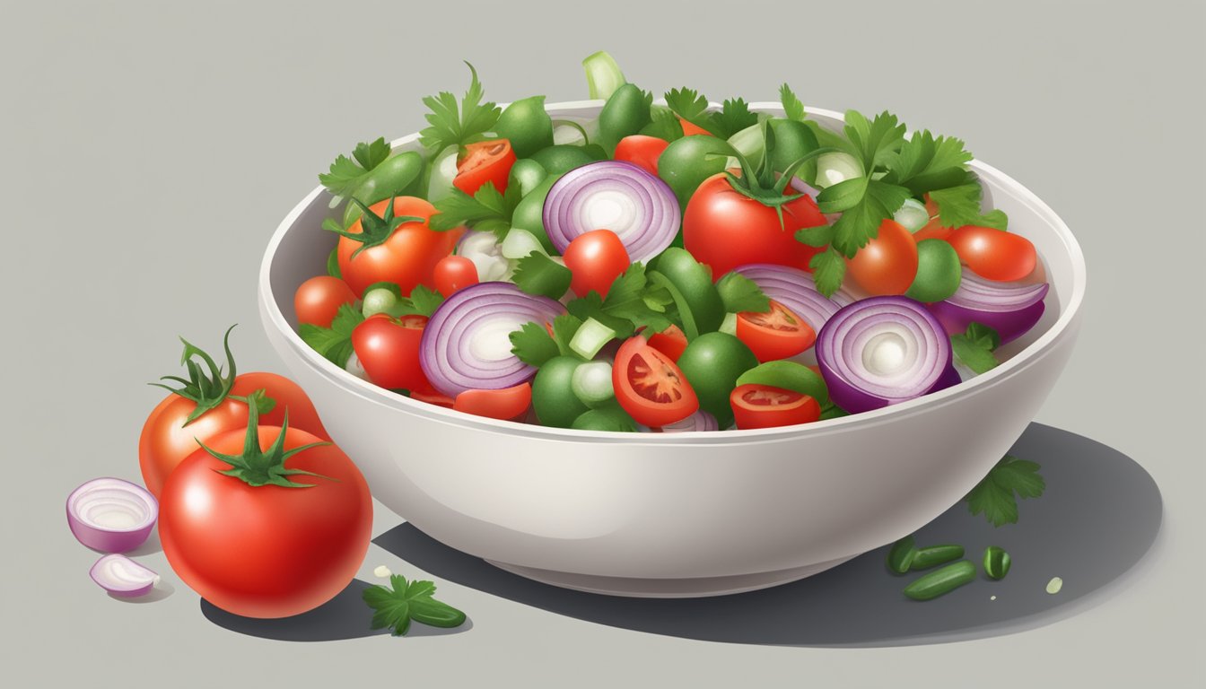 A bowl of fresh diced tomatoes, onions, and jalapenos mixed with cilantro and lime juice, with a sprinkle of salt and pepper