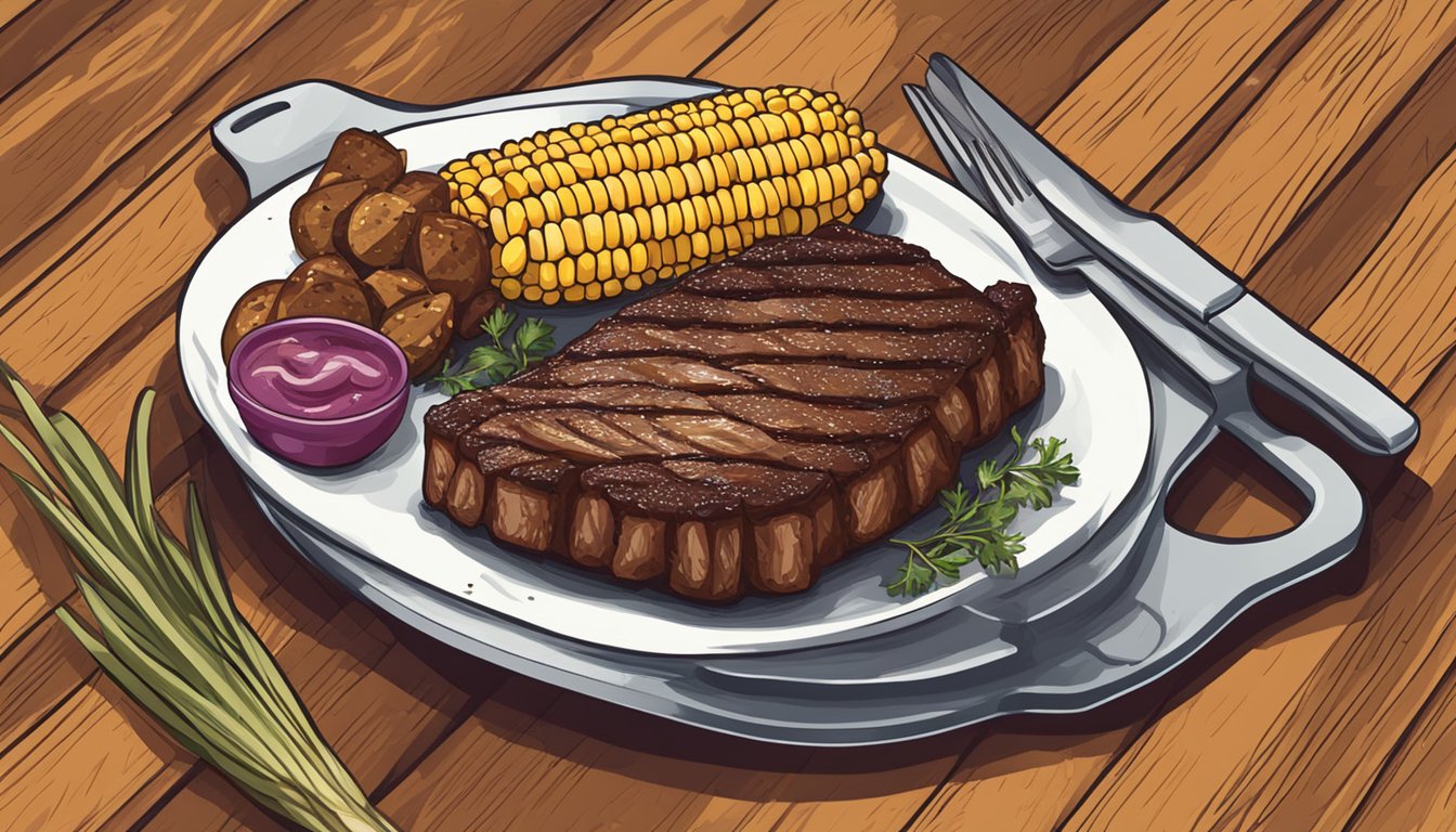 A sizzling steak and ribs combo on a wooden cutting board, surrounded by a baked potato and corn on the cob