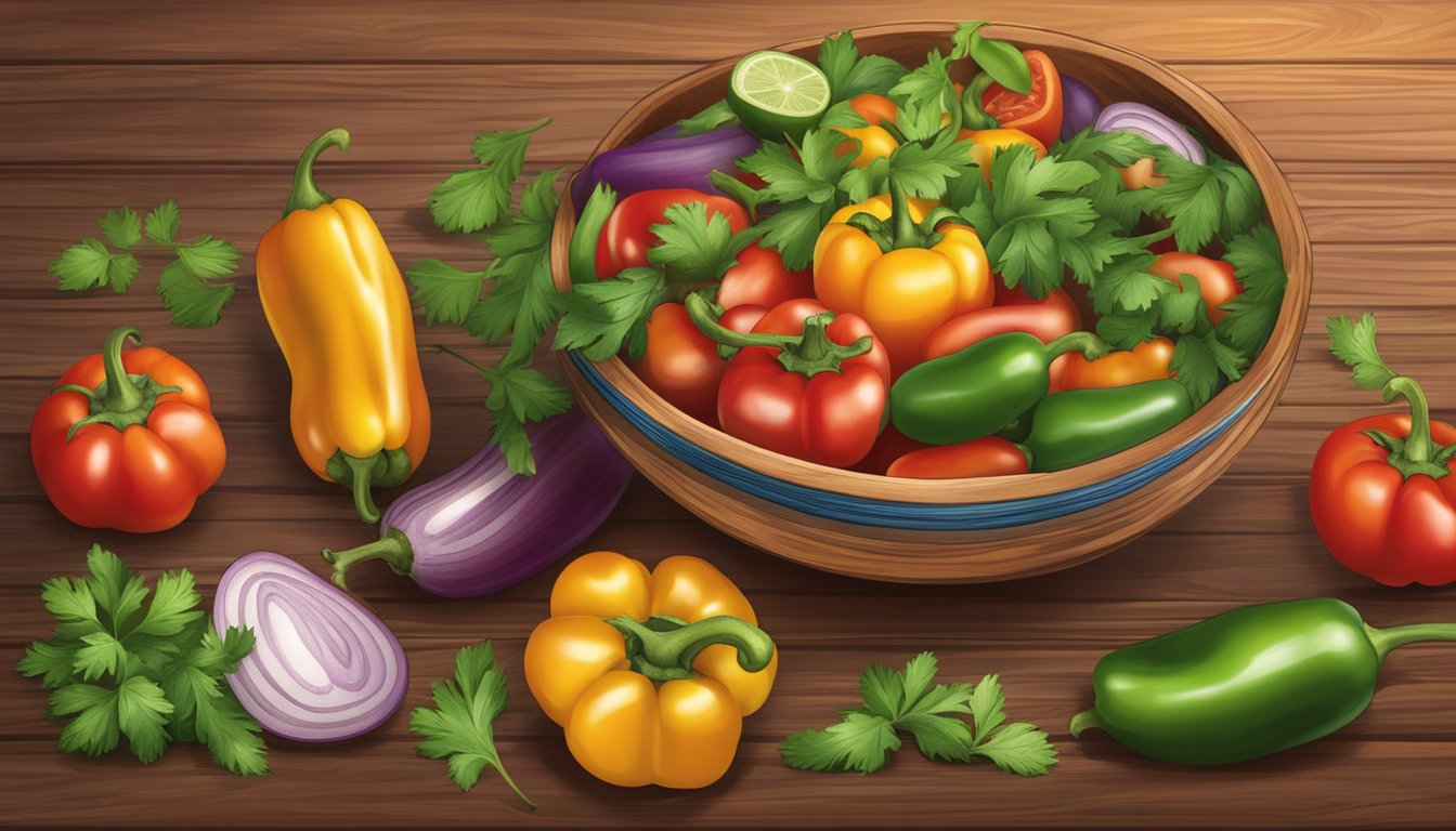 A rustic wooden table with a bowl of vibrant pico de gallo surrounded by colorful peppers, tomatoes, onions, and cilantro