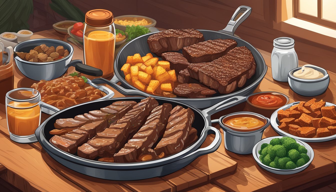 A sizzling skillet of juicy steaks and ribs, surrounded by a spread of homemade sides and sauces, evoking the spirit of Texas Roadhouse in a cozy home kitchen