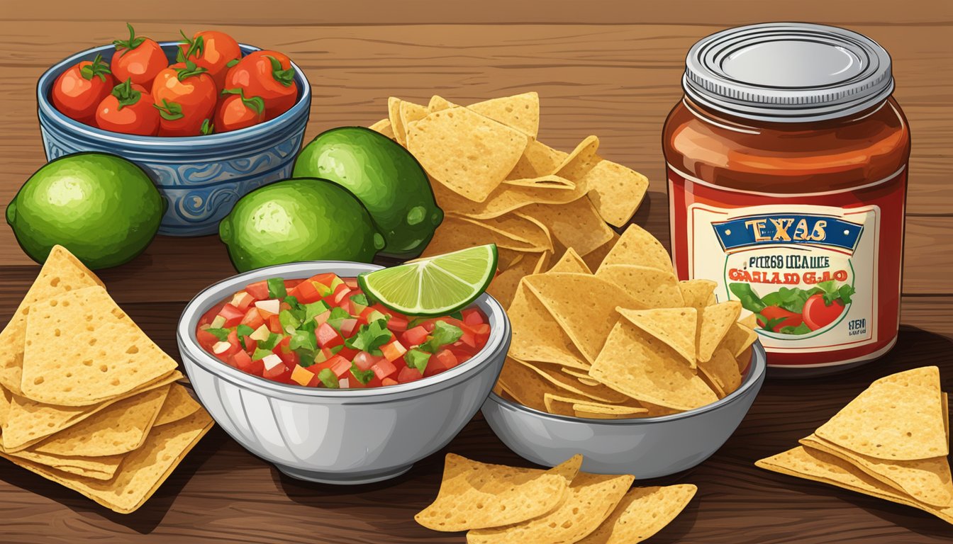 A rustic wooden table holds a bowl of vibrant pico de gallo next to a plate of crispy tortilla chips. A jar of salsa and a bowl of sliced limes complete the Texas-style spread