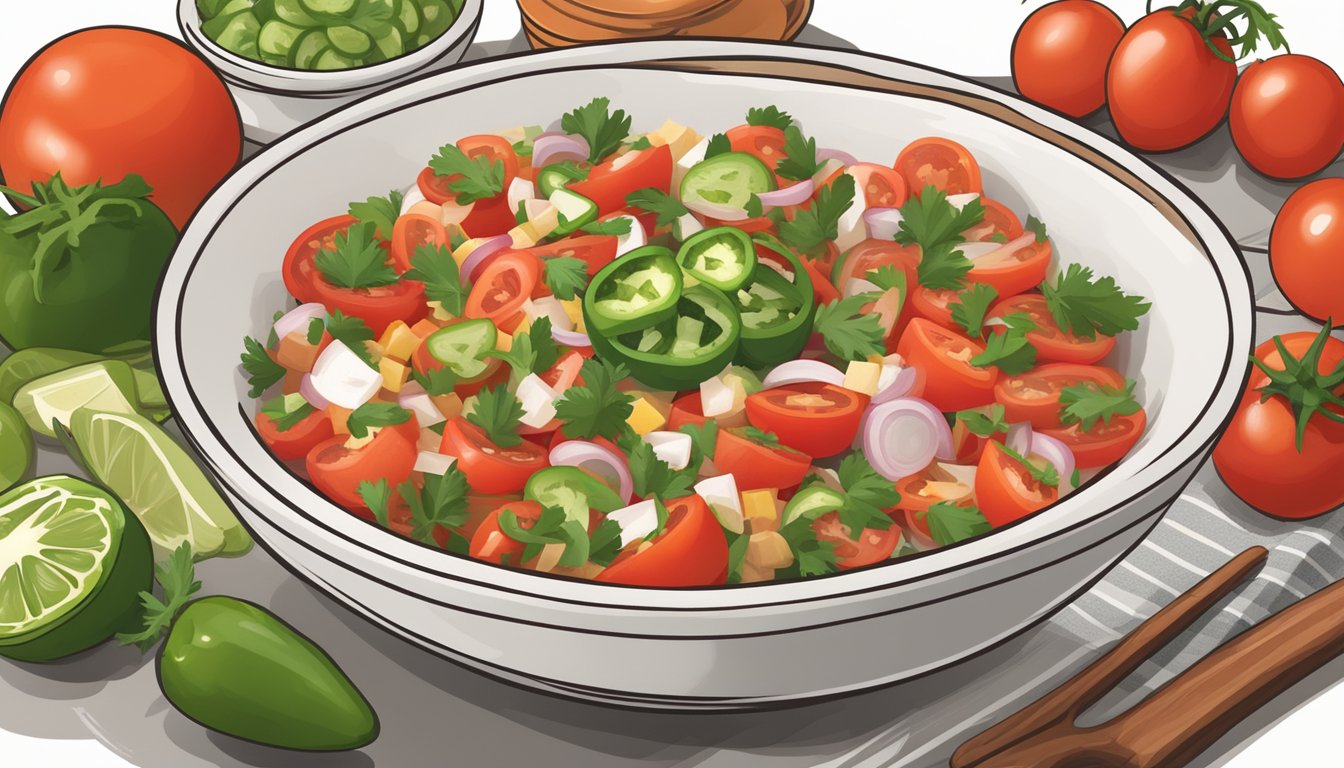 A bowl of Texas-style pico de gallo surrounded by fresh ingredients like tomatoes, onions, jalapenos, and cilantro, with a nutrition label in the background