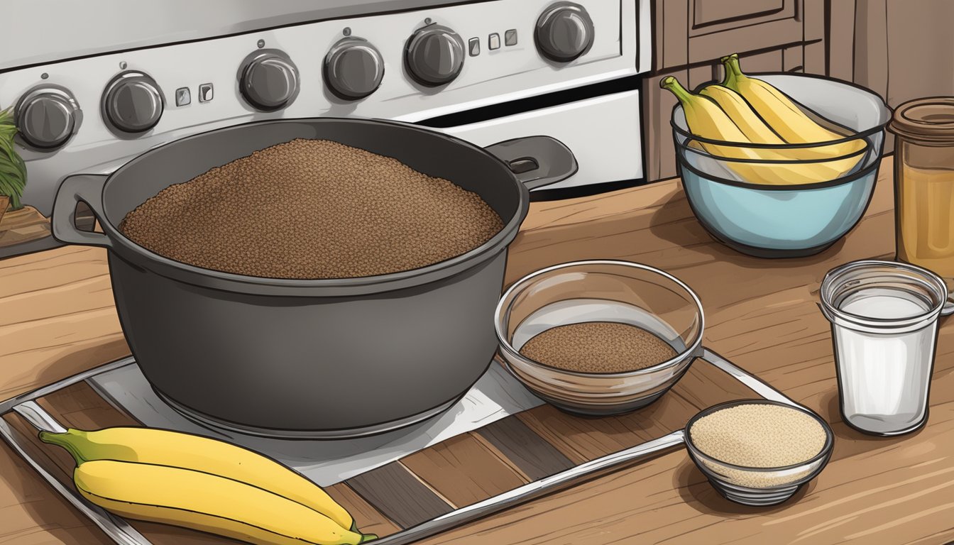 A rustic kitchen counter with a mixing bowl filled with Texas-style quinoa chocolate chunk banana bread ingredients