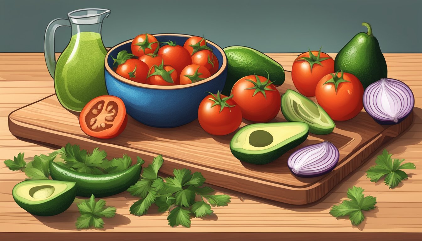 A wooden cutting board with vibrant, freshly chopped tomatoes, onions, jalapenos, and cilantro, surrounded by a bowl of zesty lime juice and a pile of ripe avocados