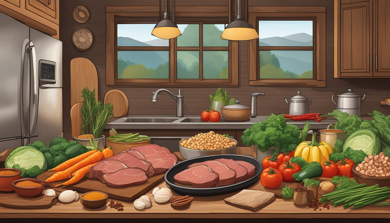 A rustic kitchen counter with fresh vegetables, raw meats, and spices laid out, ready to be used in recreating Texas Roadhouse main entrees